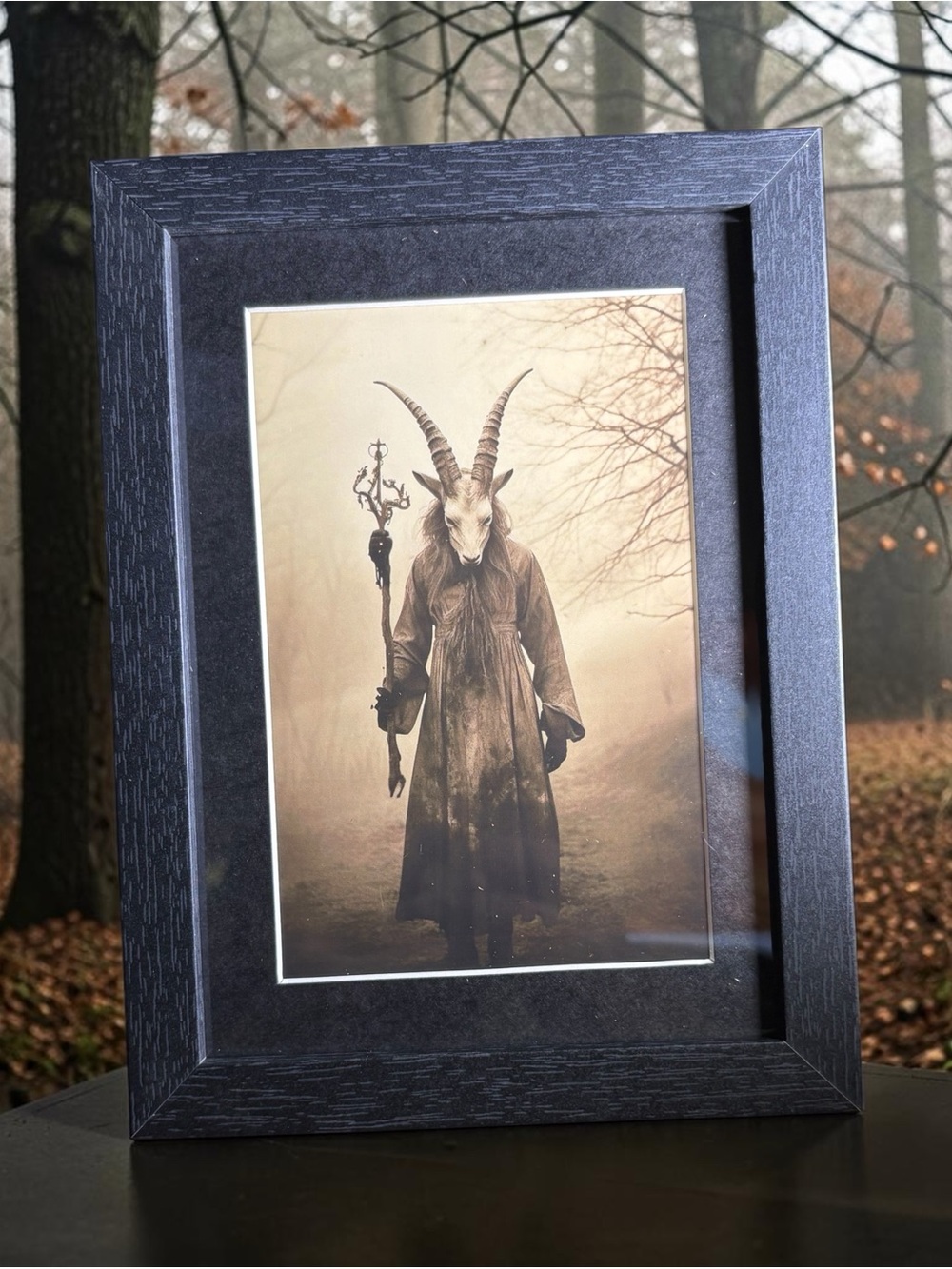 Horned Goat Forest Gothic Framed Wall Art 5x7 Occult Decor